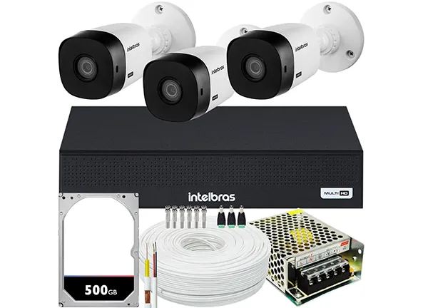 Kit Cftv 3 Cameras Full Hd VHL 1220 Dvr Intelbras 3004C 5x1