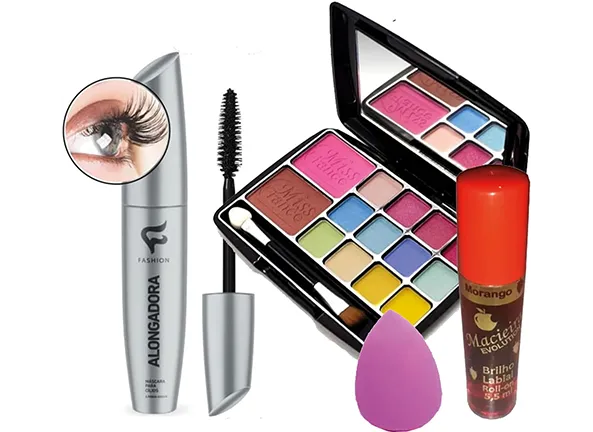 Kit de Maquiagem Juvenil Máscara de Cílios, Paleta de Sombras com Blush e Pincel, Gloss e Esponja de Maquiagem para Adolescentes ou Adulto