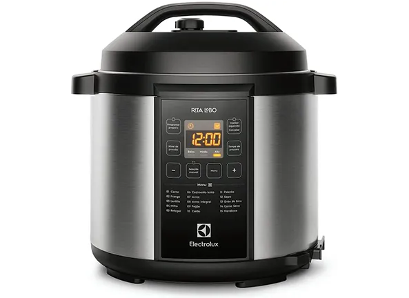 Panela pressão elétrica Electrolux digital capacidade 6L silenciosa segura 10 travas segurança 15 receitas pré-programadas 3 níveis pressão PCC20 inox preto 127v