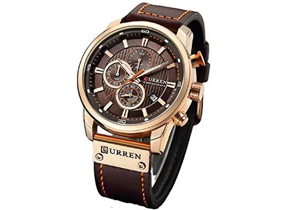 Relógio Masculino Curren 8291 BNG Pulseira em Couro - Marrom e Dourado