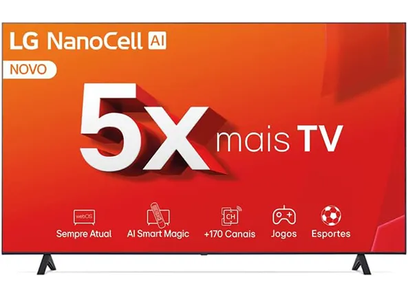 Smart TV 4K 55 LG NanoCell 55NANO80T Processador α5 Ger7 AI Hub de Esportes Alexa/Chromecast integrado webOS 24 Controle Smart Magic